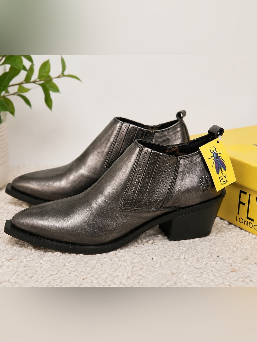Fly London Metallic Pewter Western Ankle Boots NWB Leather Size 40 US 9
